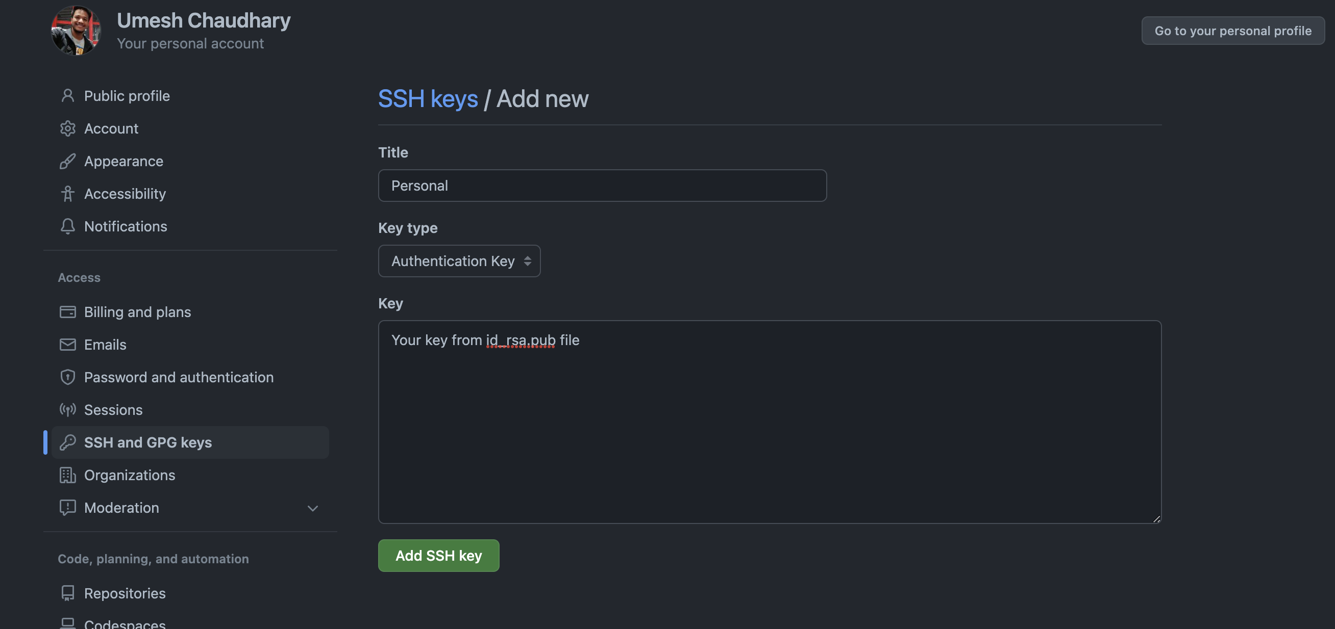 Git settings page to add ssh key