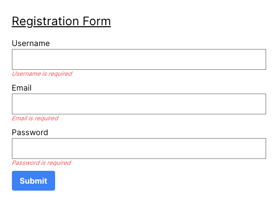 Screenshot: React form with required validation errors